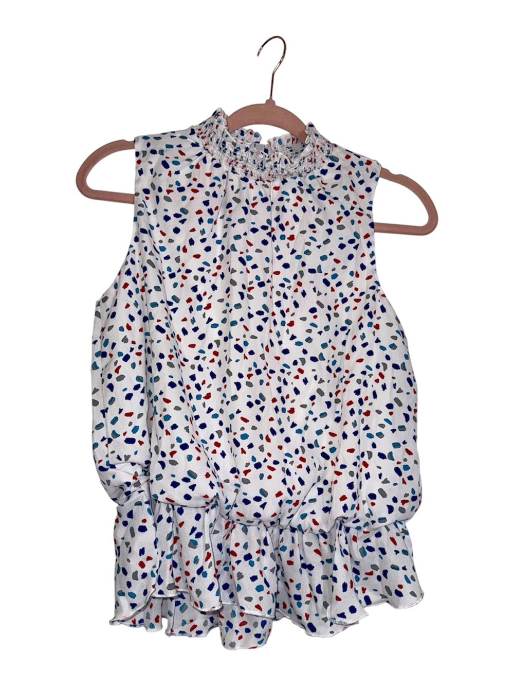 blue, grey, red speckles on white peplum blouse with ruffles, NWOT! SMALL!